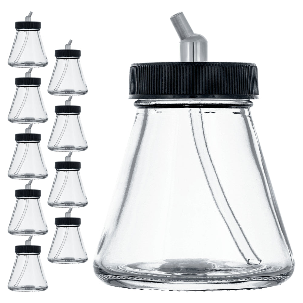(Pack of 10) TB-010 Empty 2.7-Ounce (80cc) Glass Jar Bottles with 30 Degree­ Down Angle Adaptor Lid Assembly - Fits Dual-Action Siphon Feed Airbrushes