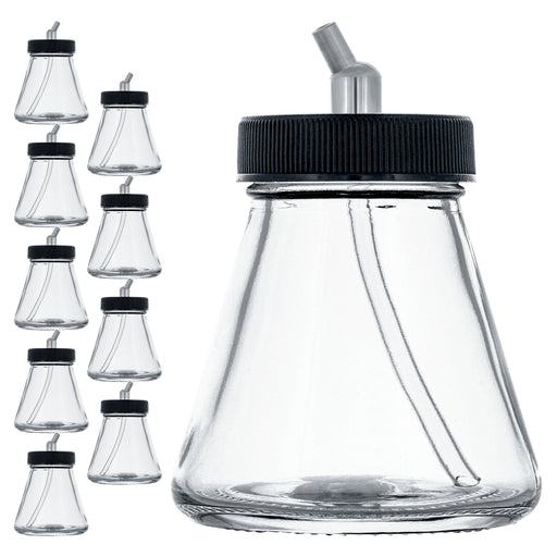 (Pack of 10) TB-010 Empty 2.7-Ounce (80cc) Glass Jar Bottles with 30 Degree­ Down Angle Adaptor Lid Assembly - Fits Dual-Action Siphon Feed Airbrushes