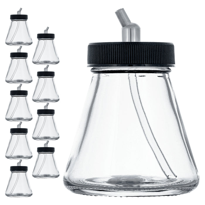 (Pack of 10) TB-010 Empty 2.7-Ounce (80cc) Glass Jar Bottles with 30 Degree­ Down Angle Adaptor Lid Assembly - Fits Dual-Action Siphon Feed Airbrushes