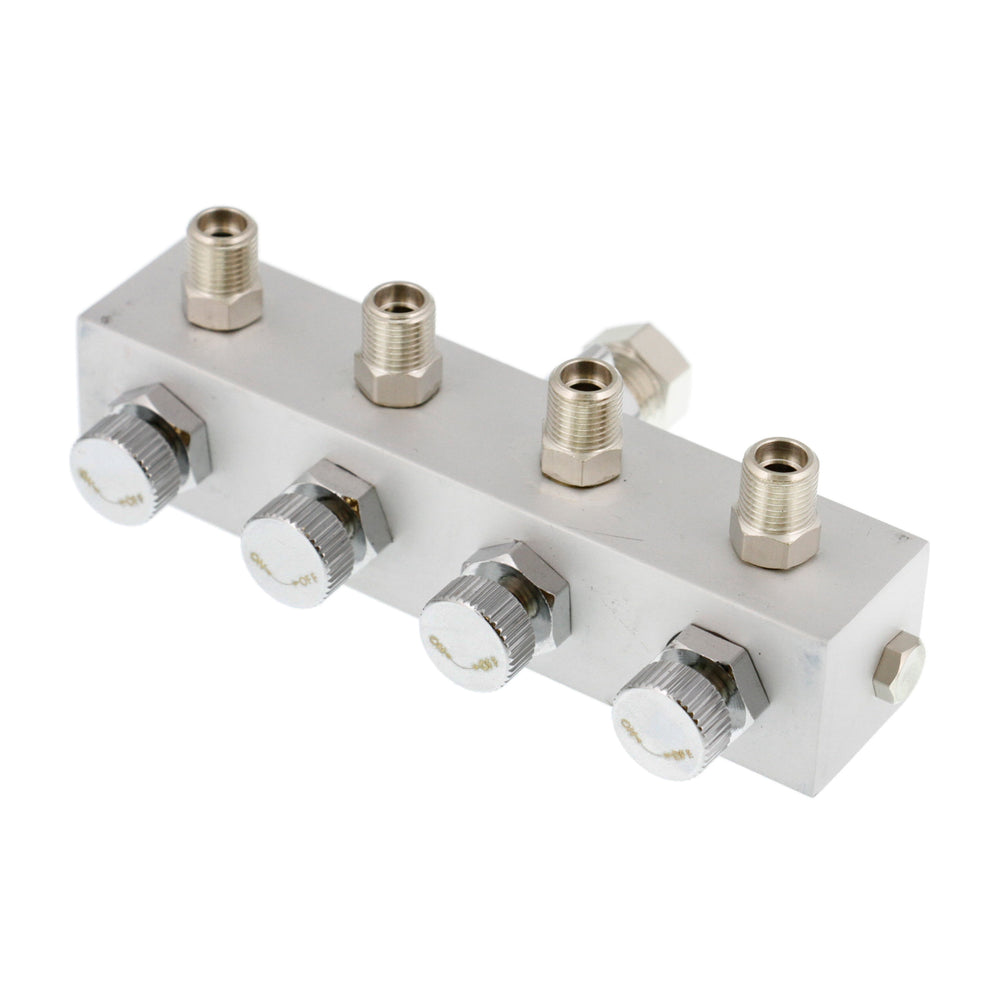 4-Way Metered Airbrush Manifold - Individual Airflow Control - 1/4" BSP Inlet, 4x 1/8" BSP Outlets