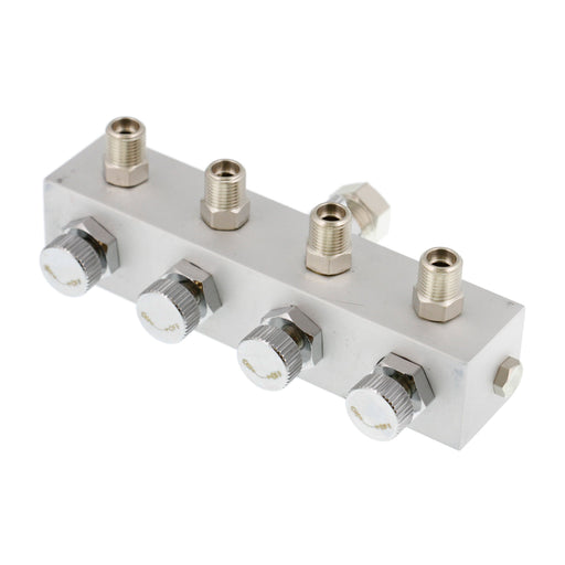 4-Way Metered Airbrush Manifold - Individual Airflow Control - 1/4" BSP Inlet, 4x 1/8" BSP Outlets