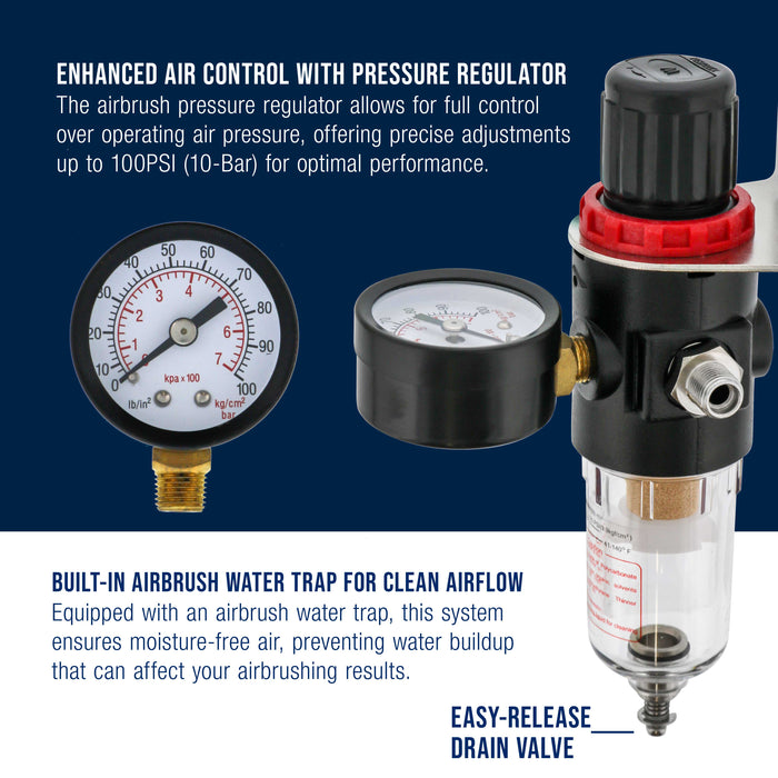 rue Diaphragm Airbrush Pressure Regulator with Gauge & Water Moisture Trap – Filter, Air Compressor Water Trap for Clean, Moisture-Free Airflow