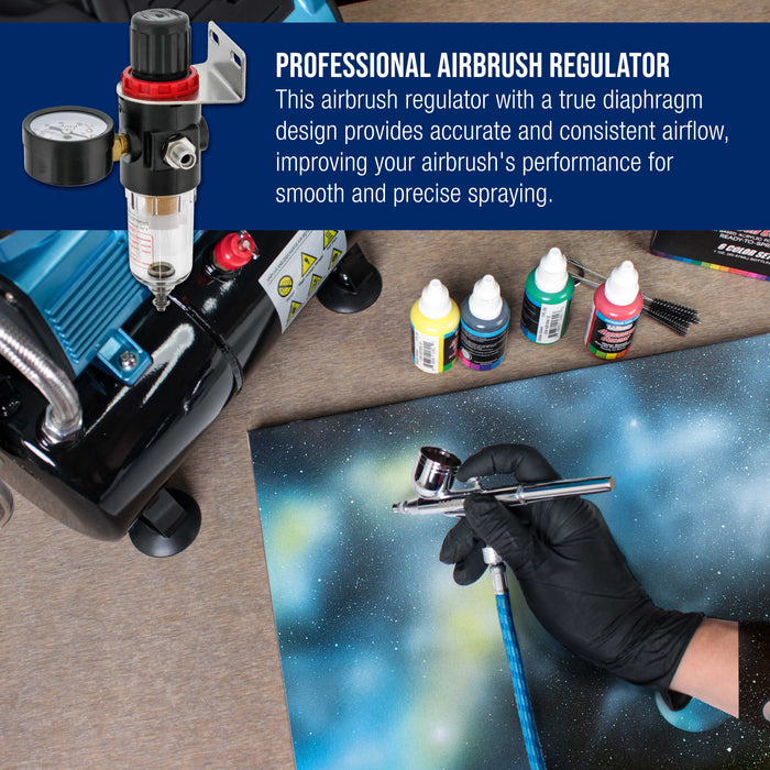 rue Diaphragm Airbrush Pressure Regulator with Gauge & Water Moisture Trap – Filter, Air Compressor Water Trap for Clean, Moisture-Free Airflow