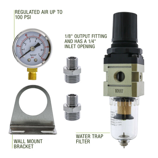 Heavy Duty Diaphragm Mini Pressure Regulator with Gauge and Water Trap Filter - Moisture Trap for Airbrush Air Compressor with Precision Control and Easy Drain Valve