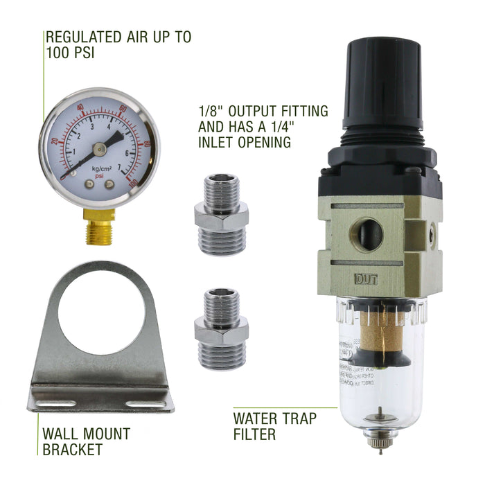 Heavy Duty Diaphragm Mini Pressure Regulator with Gauge and Water Trap Filter - Moisture Trap for Airbrush Air Compressor with Precision Control and Easy Drain Valve