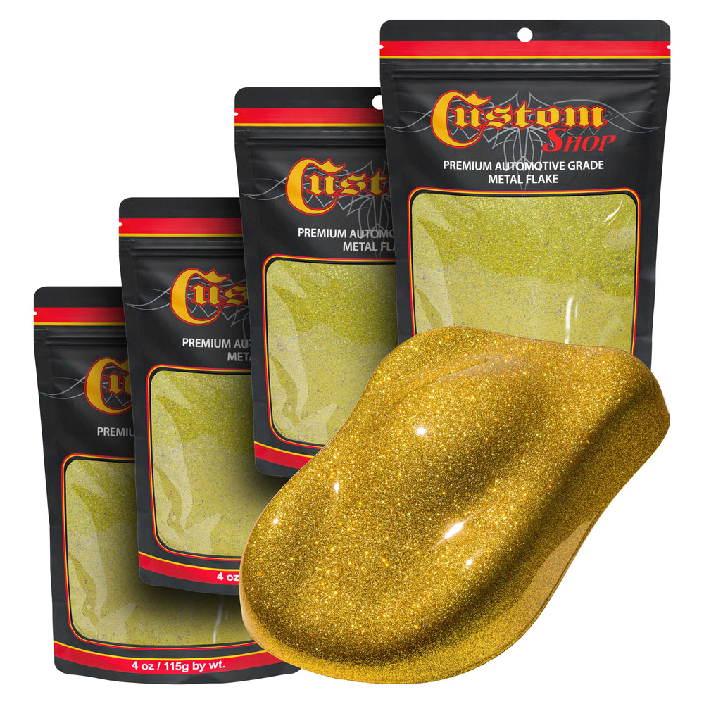 Metal Flake for Automotive Paint, Brilliant Gold, 4oz (4 Pack) 16oz Total, Large .025" Metal Flakes for Car Paints, UV Resistant Glitter Paint Additive for Epoxy Resin & Custom Finishes
