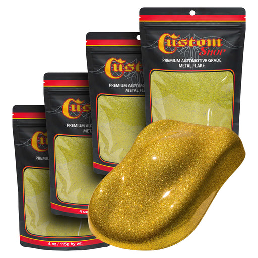 Metal Flake for Automotive Paint, Brilliant Gold, 4oz (4 Pack) 16oz Total, Large .025" Metal Flakes for Car Paints, UV Resistant Glitter Paint Additive for Epoxy Resin & Custom Finishes