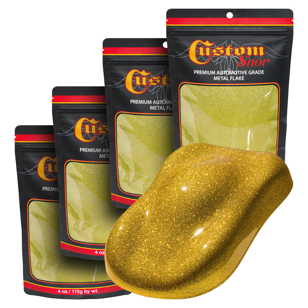 Metal Flake for Automotive Paint, Brilliant Gold, 4oz (4 Pack) 16oz Total, Standard .015" Metal Flakes for Car Paints, UV Resistant Glitter Paint Additive for Epoxy Resin & Custom Finishes