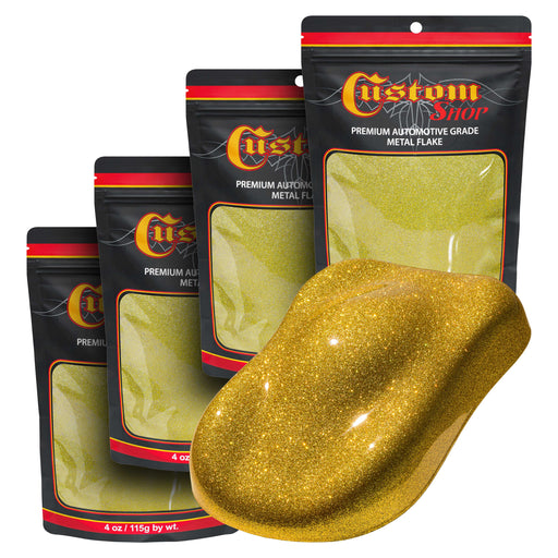 Metal Flake for Automotive Paint, Brilliant Gold, 4oz (4 Pack) 16oz Total, Standard .015" Metal Flakes for Car Paints, UV Resistant Glitter Paint Additive for Epoxy Resin & Custom Finishes