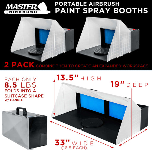Master Airbrush (2 Pack) Portable Airbrush Spray Booth Station with 25W Fan, Turntable & 5.6' Extension Hose, 16.5"x19"x13.5", Combine for Larger Workspace, Hobby Airbrush Booth for Painting, Models