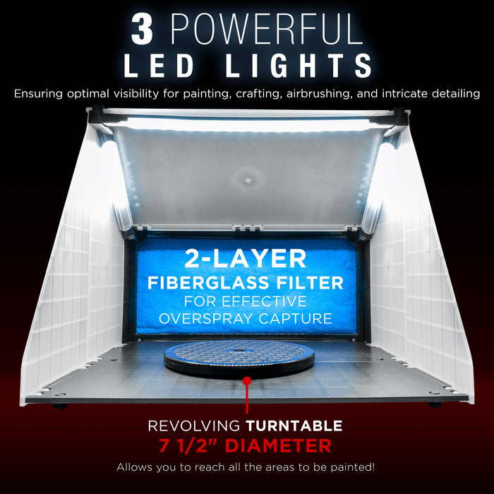 Master Airbrush (2 Pack) Portable Airbrush Spray Booth Station with LED Lighting, 25W Fan, Turntable & 5.6' Extension Hose, 16.5"x19"x13.5", Combine for Larger Workspace, Hobby Airbrush Booth