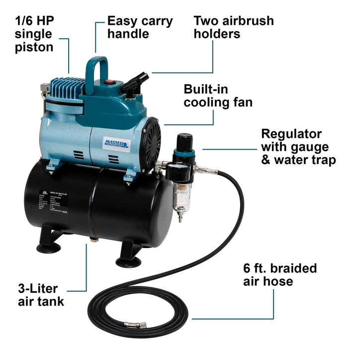 Master Airbrush Model TC-40T Air Brush Compressor Kit - Cool Runner Professional Single-Piston Airbrush Compressor with 3-Liter Air Tank, Regulator, Gauge, Water Trap Filter, 2 Holders & Air Hose