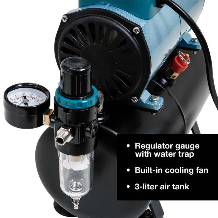 Master Airbrush Model TC-40T Air Brush Compressor Kit - Cool Runner Professional Single-Piston Airbrush Compressor with 3-Liter Air Tank, Regulator, Gauge, Water Trap Filter, 2 Holders & Air Hose