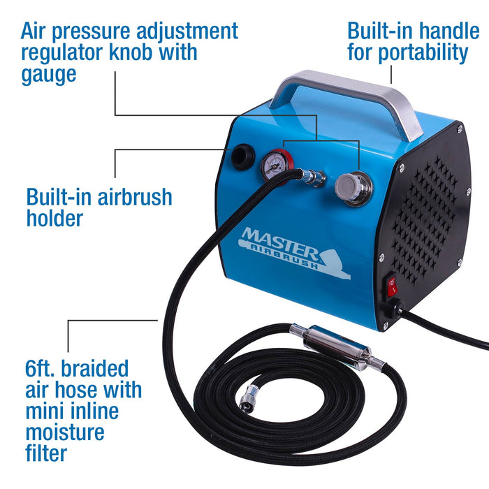 Master Airbrush TC-77 Airbrush Compressor with Small Tank, Regulator, Mini In-Line Moisture Filter & 6' Braided Hose - 47 dB, High Performance Air Compressor for Airbrush Hobbies and Crafts