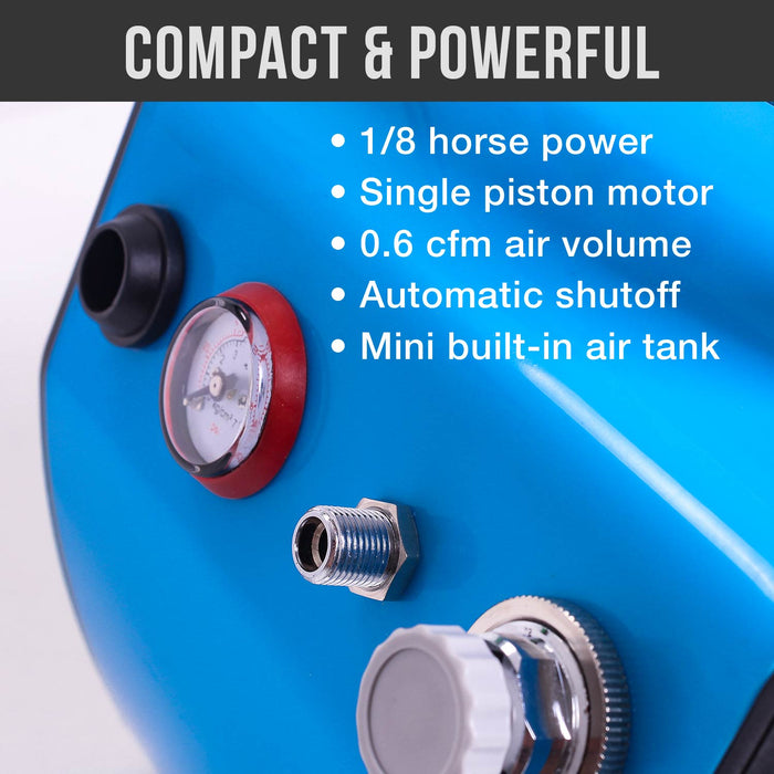 Master Airbrush TC-77 Airbrush Compressor with Small Tank, Regulator, Mini In-Line Moisture Filter & 6' Braided Hose - 47 dB, High Performance Air Compressor for Airbrush Hobbies and Crafts