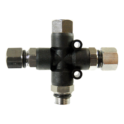 3-Way Air Hose Splitter Manifold with Pugs - 1/8" BSP Fittings; 3 Male Air Outlets and 1 Female Air Inlet